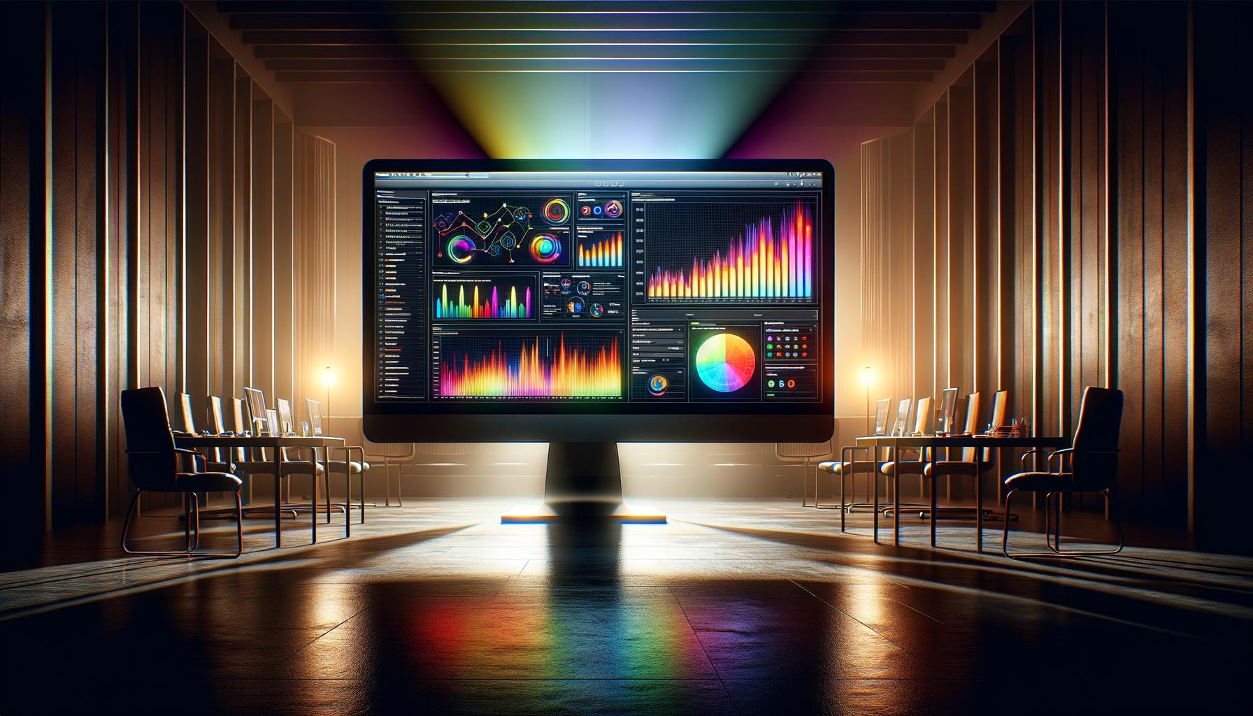 Web analytics dashboard on a computer screen in a sleek modern office, showcasing vibrant graphs and metrics against a dimly lit background, emphasizing vivid colors and crisp lines.