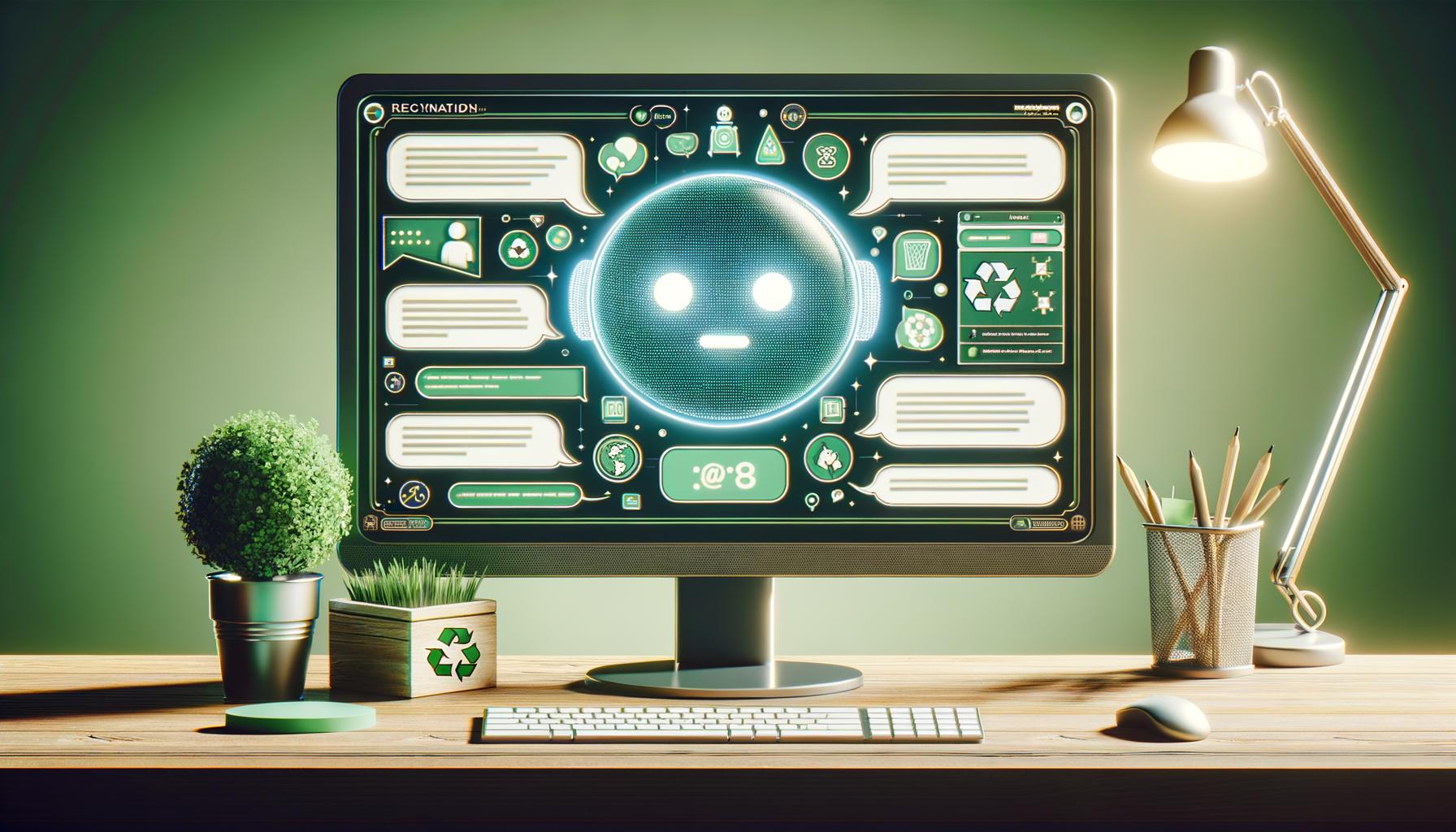 Interfaz de chatbot en una pantalla digital con íconos de reciclaje y sostenibilidad, sobre un escritorio limpio con un contenedor de reciclaje y una planta verde.