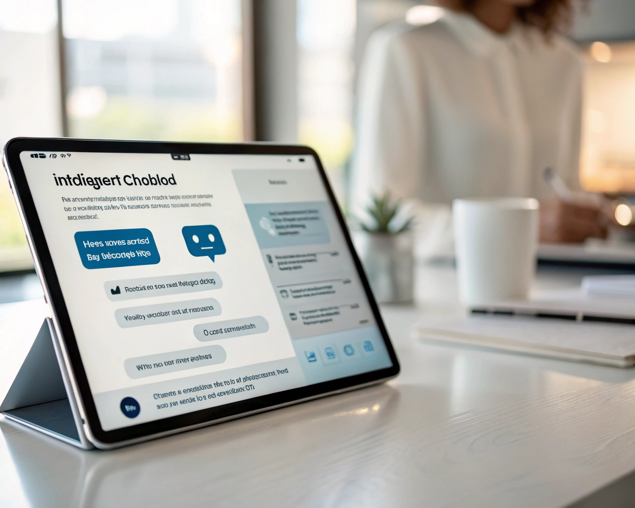 Interfaz de chatbot inteligente en un dispositivo digital con pantalla iluminada y conversación interactiva en un entorno de trabajo moderno.