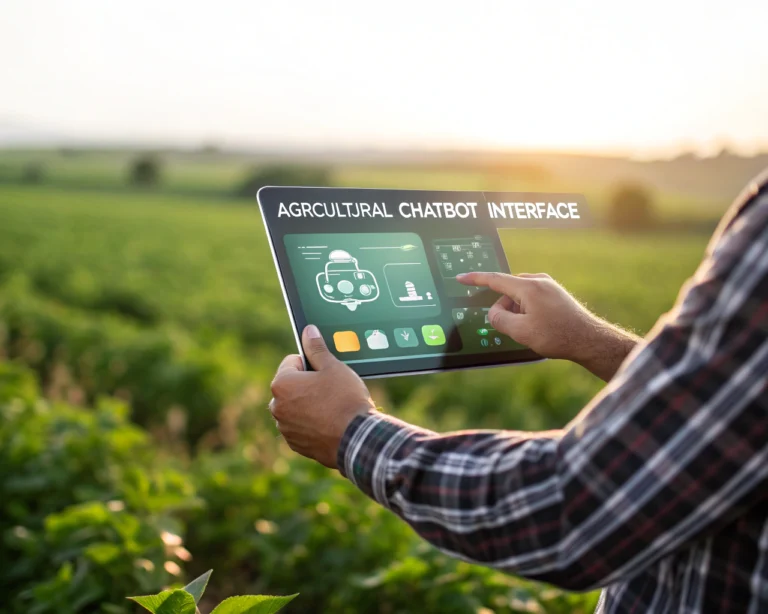 Un agricultor sostiene un dispositivo digital con una interfaz de chatbot agrícola avanzada en un campo verde durante el día. La pantalla muestra pronósticos del tiempo y recomendaciones de cultivos con gráficos vibrantes, resaltando la mezcla de tecnología y naturaleza.