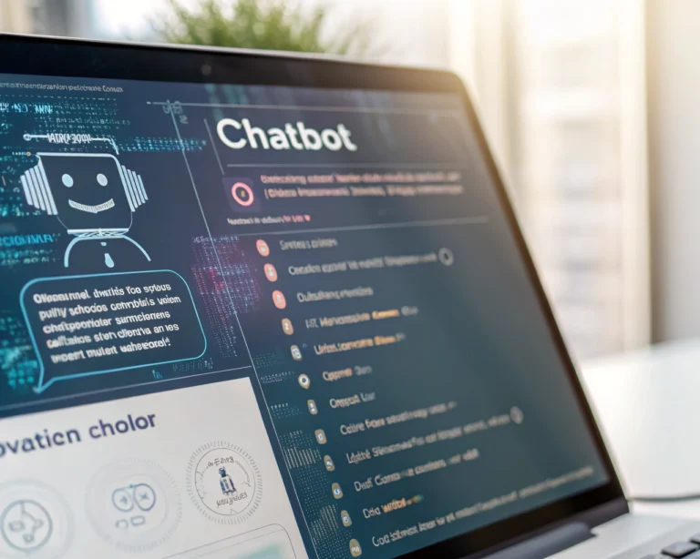 Interfaz de un chatbot en una pantalla digital, con opciones interactivas y un flujo de conversación, en un entorno iluminado con un resplandor suave y elementos abstractos digitales que sugieren un sistema avanzado de IA.