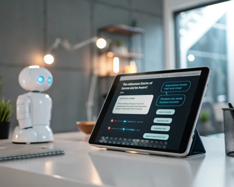 Interfaz de chatbot digital en un dispositivo moderno, con diseño interactivo y minimalista en un entorno futurista.