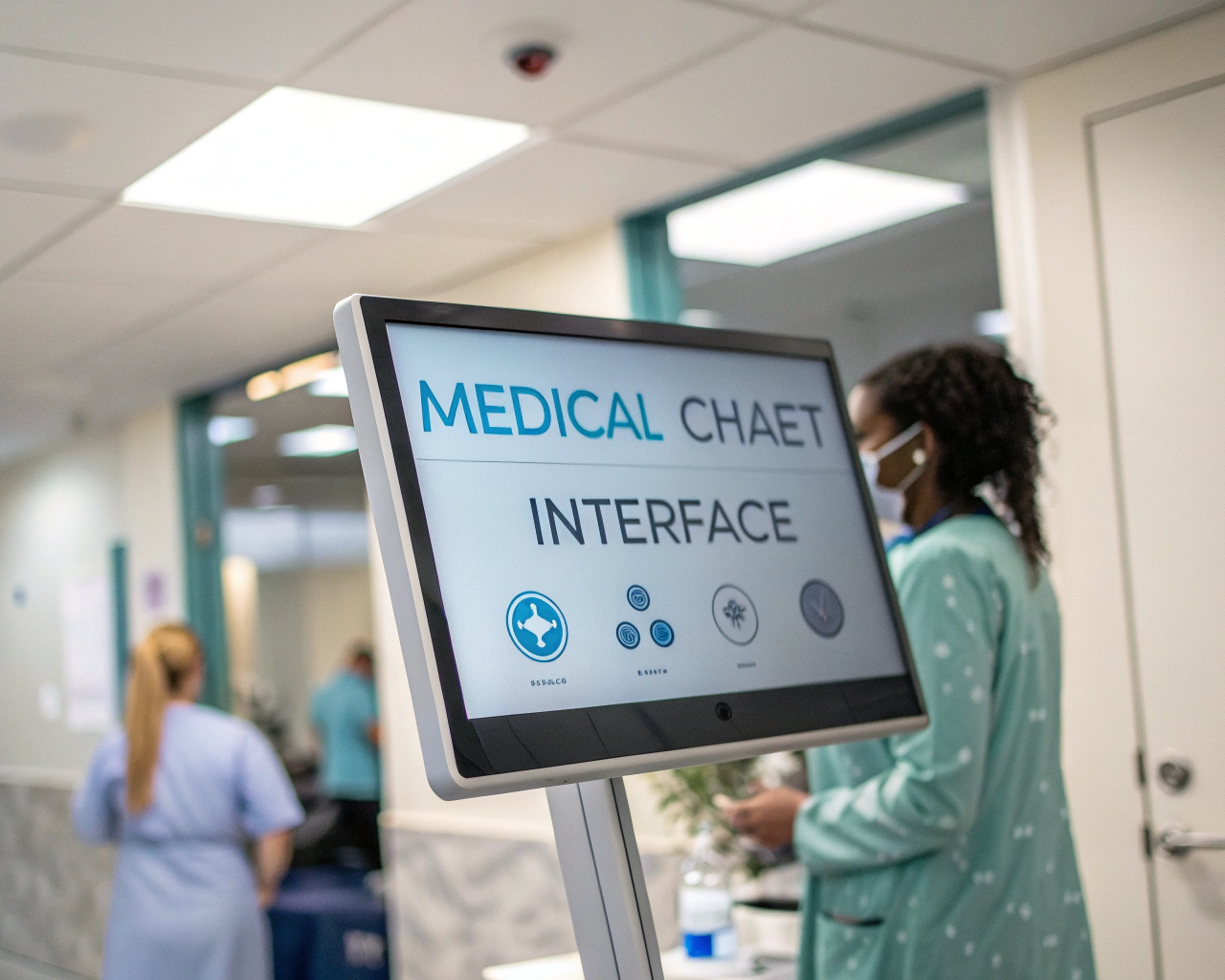 Interfaz digital de un chatbot médico en un entorno clínico, con diseño amigable y sin distracciones.