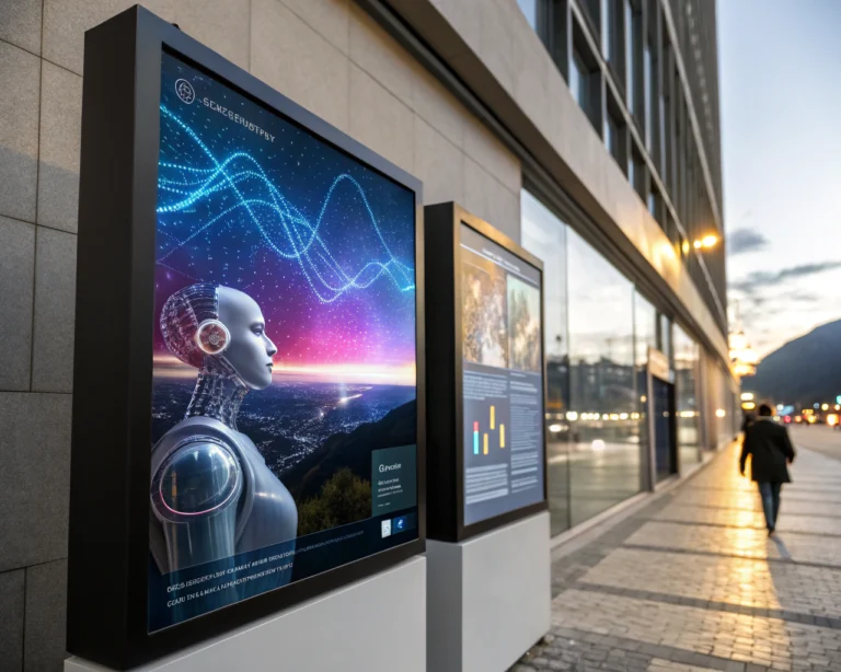 Interfaz de chatbot futurista con visualizaciones de datos analíticos y un fondo digital lleno de energía, enmarcada con patrones geométricos abstractos.