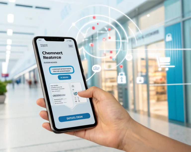 Interfaz de chatbot en smartphone que ilustra un proceso de devolución de comercio electrónico, con un fondo de ambiente digital abstracto y uso de colores vivos.
