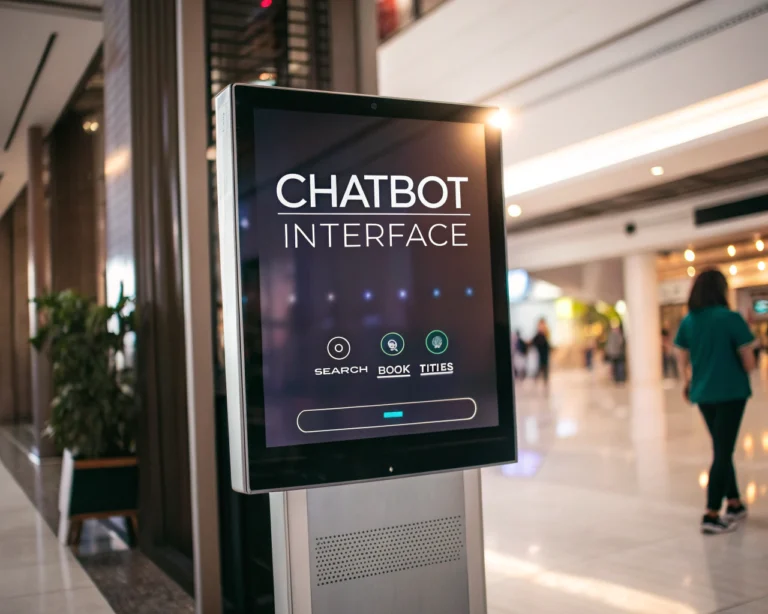 Interfaz de chatbot futurista en pantalla digital con elementos interactivos y diseño minimalista.