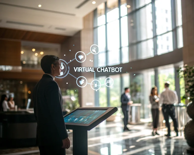 Chatbot virtual en una interfaz digital dentro de un vestíbulo de hotel, con símbolos de inteligencia artificial flotando alrededor. La escena está iluminada por luz natural, enfocando el chatbot y desenfocando el fondo.