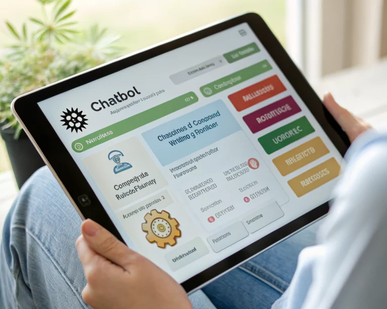 Interfaz de chatbot en la industria del cannabis con opciones interactivas iluminadas por luz natural, espacio negativo y un icono de engranaje que simboliza eficiencia.
