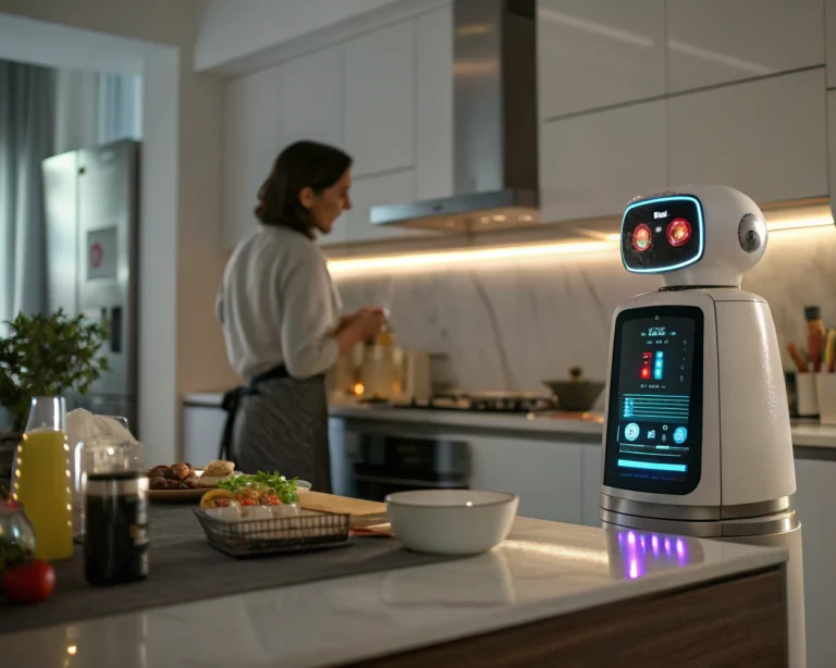 Interfaz de chatbot futurista en un electrodoméstico moderno en una cocina de alta tecnología. Colores digitales vibrantes y iluminación suave resaltan el diseño intuitivo.