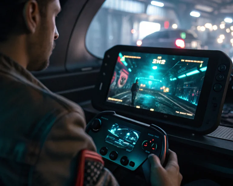Interfaz de chatbot integrada en la pantalla de una consola de videojuegos, con diseño futurista y elementos holográficos iluminados en un ambiente de juego oscuro.
