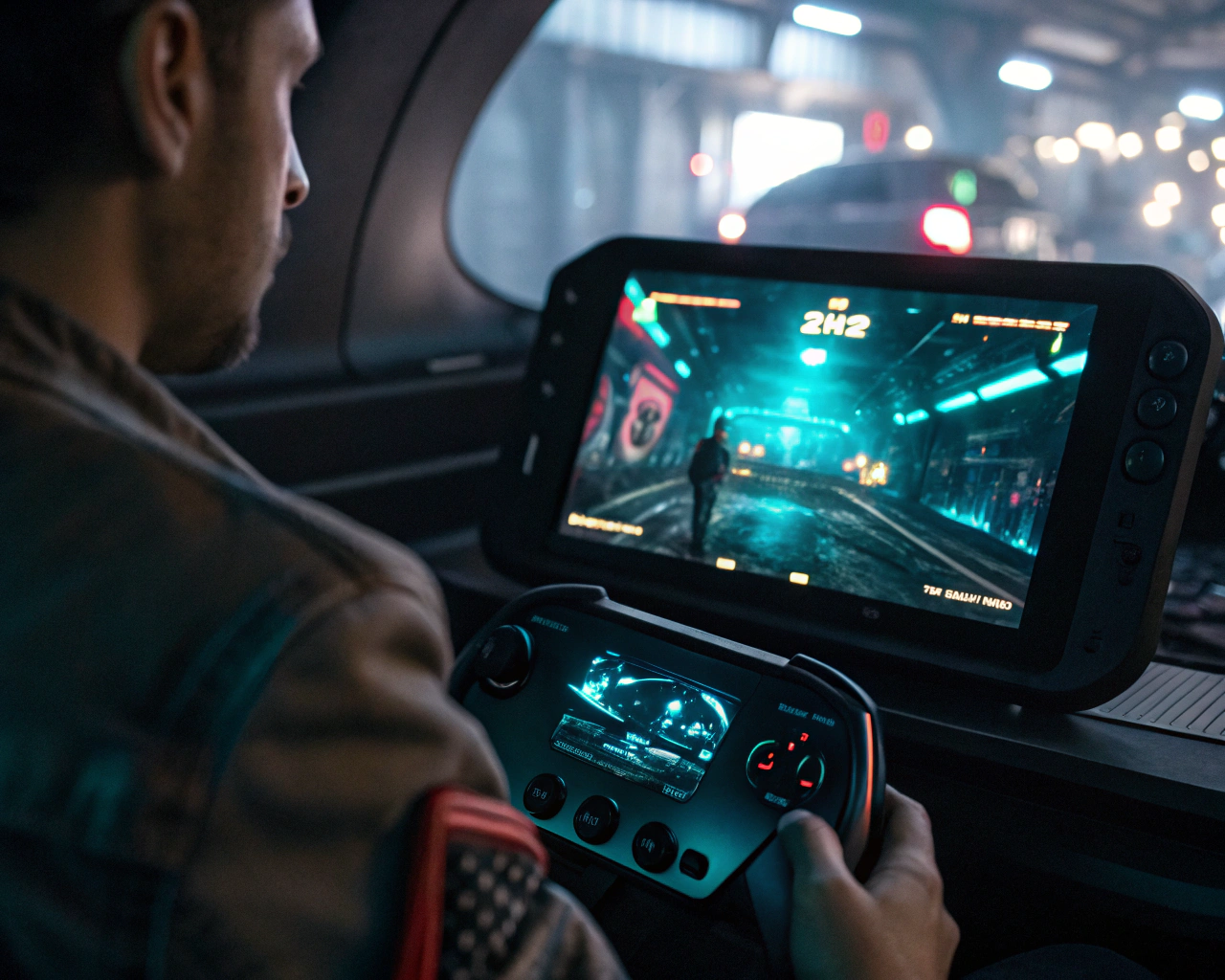 Interfaz de chatbot integrada en la pantalla de una consola de videojuegos, con diseño futurista y elementos holográficos iluminados en un ambiente de juego oscuro.