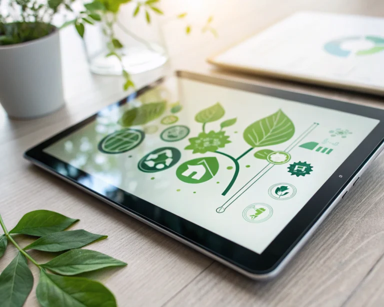 Interfaz de chatbot sostenible en una tableta digital con diseño ecológico, hojas verdes y símbolos de eficiencia energética; resplandor suave en la pantalla que resalta una respuesta sobre la reducción de la huella de carbono en un ambiente limpio y moderno.