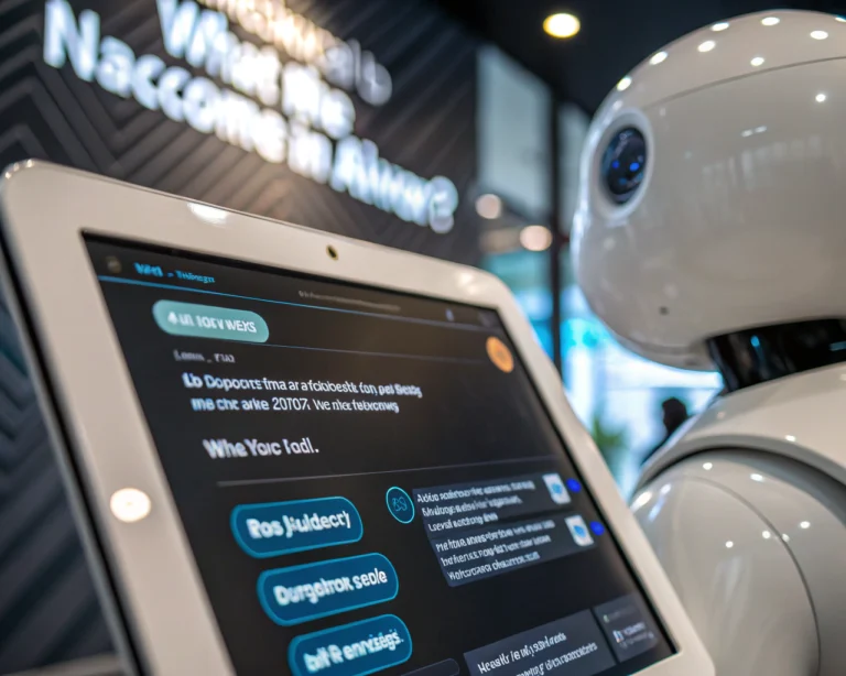 Interfaz moderna de chatbot sobre solicitudes de empleo con burbujas de texto no legibles y fondo digital futurista.