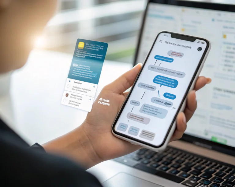 Interfaz de chatbot en un teléfono inteligente, mostrando una conversación sobre una compra, sostenido por una persona anónima en un ambiente de trabajo moderno y digital.