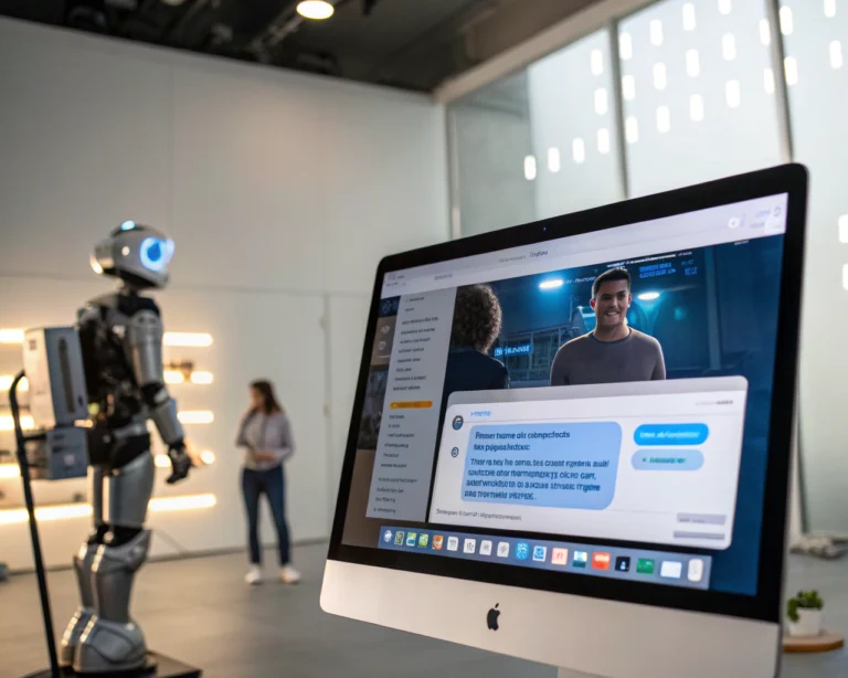 Interfaz de chatbot inteligente en una pantalla moderna con burbujas de conversación dinámica en un espacio de trabajo digital minimalista.