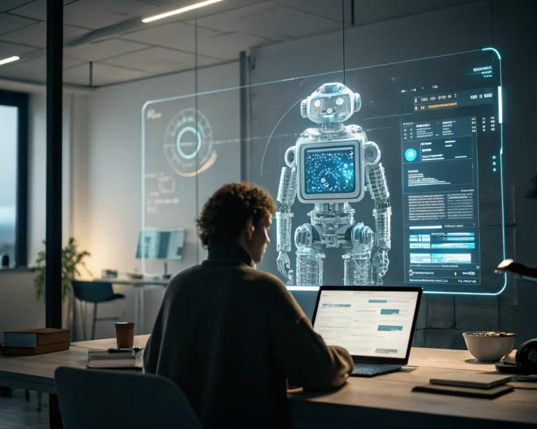 Chatbot de inteligencia artificial en un entorno digital moderno, mostrando una interfaz holográfica interactiva y datos en tiempo real con iluminación de fondo atmosférica.