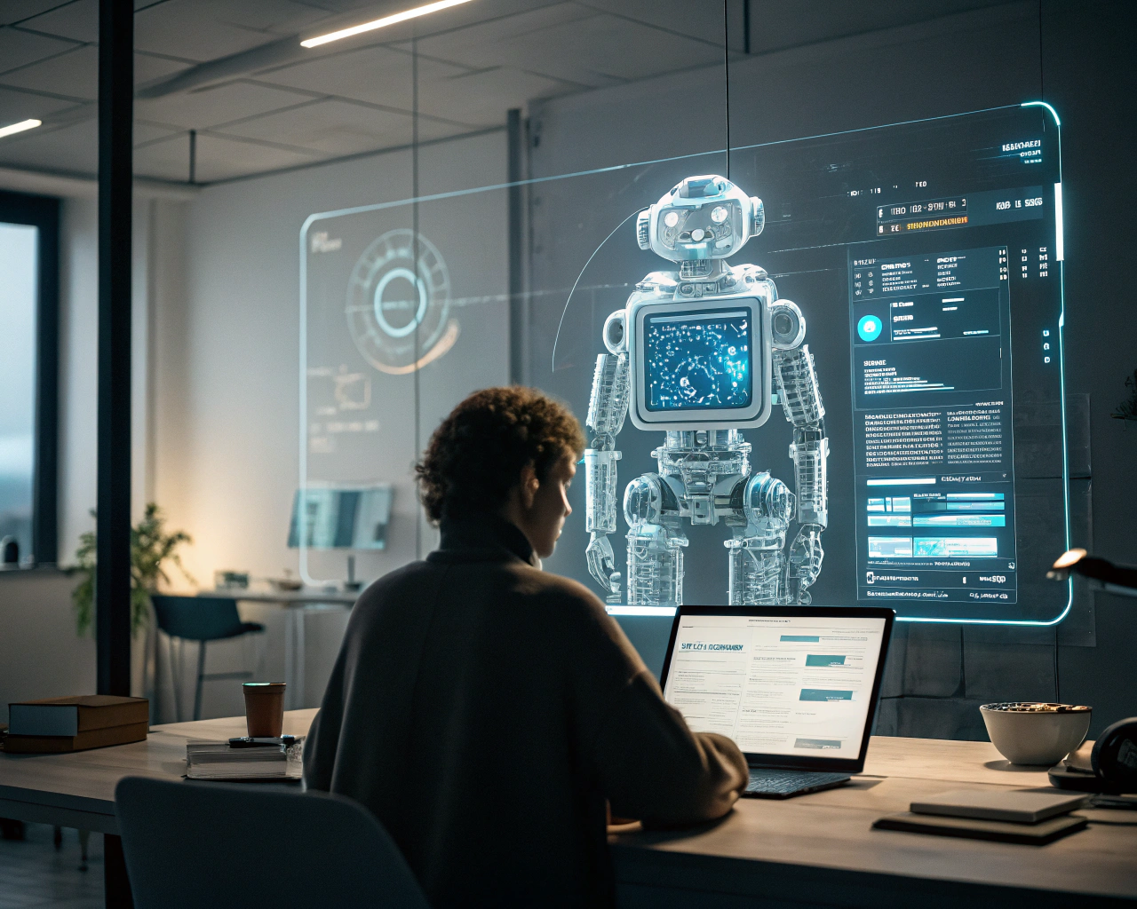 Chatbot de inteligencia artificial en un entorno digital moderno, mostrando una interfaz holográfica interactiva y datos en tiempo real con iluminación de fondo atmosférica.