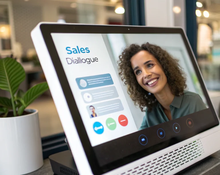 Interfaz de chatbot inteligente con un asistente virtual amigable en una plataforma de comercio electrónico moderna, rodeado de burbujas de conversación en un entorno limpio y colorido.