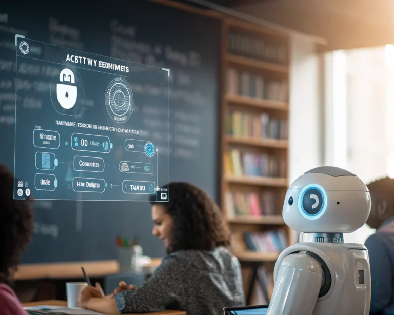 Interfaz de chatbot futurista en una pantalla, con opciones educativas y métodos de comunicación, en un entorno educativo sutilmente representado.