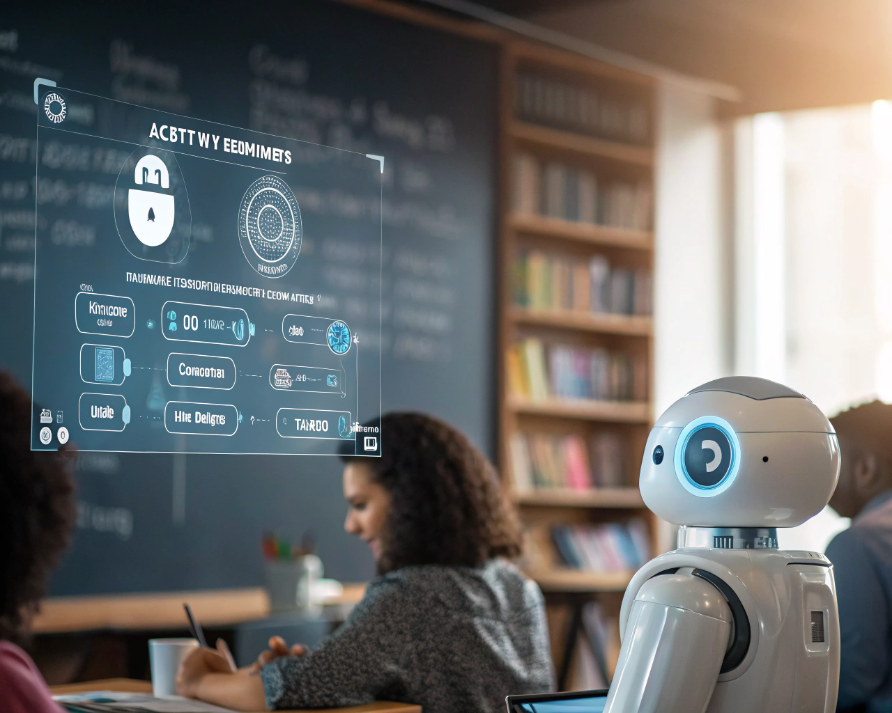 Interfaz de chatbot futurista en una pantalla, con opciones educativas y métodos de comunicación, en un entorno educativo sutilmente representado.