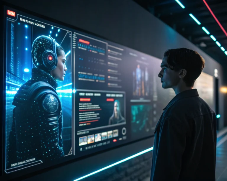 Interfaz futurista de chatbot en pantalla digital, mostrando conversación activa con elementos holográficos y flujos de datos, en un estilo tecnológico con colores vibrantes.