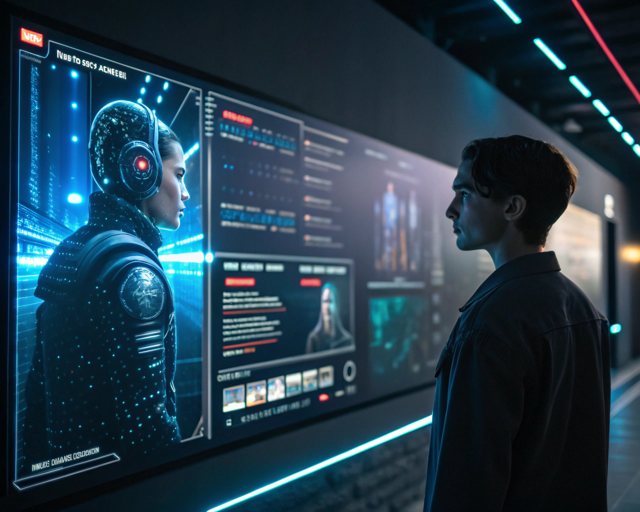 Interfaz futurista de chatbot en pantalla digital, mostrando conversación activa con elementos holográficos y flujos de datos, en un estilo tecnológico con colores vibrantes.