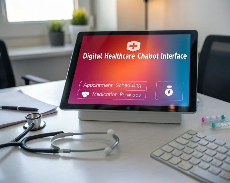 Interfaz de un chatbot de salud digital en una pantalla iluminada, mostrando funcionalidades de salud en un entorno moderno con herramientas médicas minimalistas.