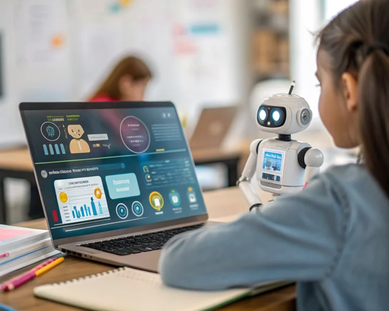 Chatbot holográfico avanzado en un entorno de aprendizaje digital, mostrando mensajes interactivos y iconos educativos en colores vibrantes, con un fondo desenfocado que sugiere el espacio de trabajo de un estudiante.