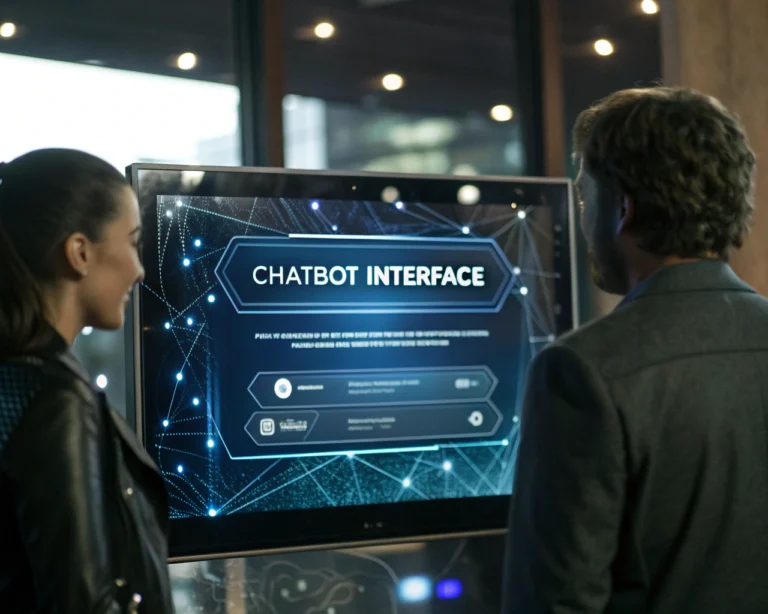 Interfaz avanzada de chatbot en una pantalla digital en un entorno de tecnología moderna, con interacciones dinámicas y patrones de inteligencia artificial de fondo.
