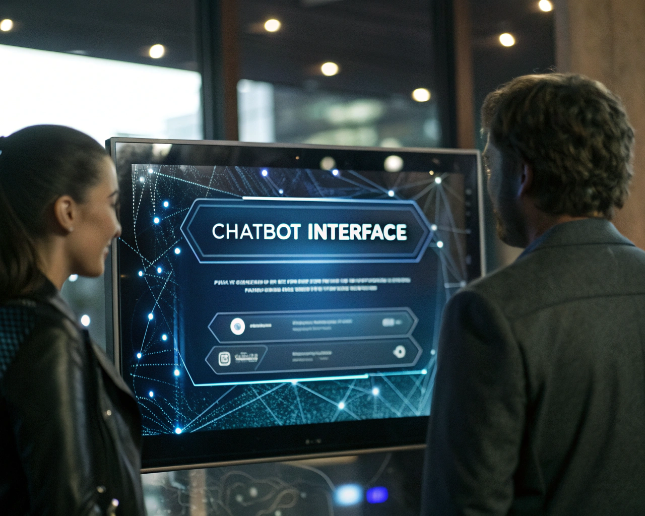 Interfaz avanzada de chatbot en una pantalla digital en un entorno de tecnología moderna, con interacciones dinámicas y patrones de inteligencia artificial de fondo.