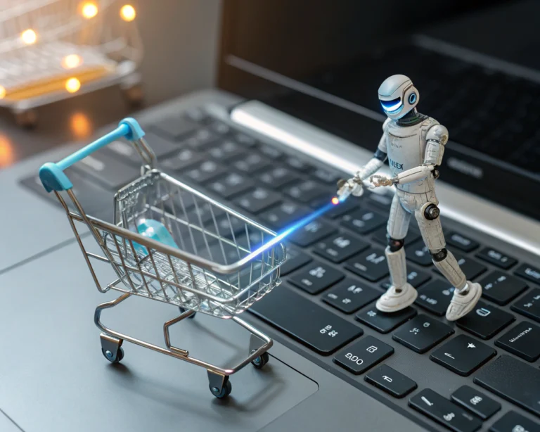 Un chatbot futurista interactuando con un cliente en un entorno de compras en línea, con un carrito visible y líneas brillantes que simbolizan la comunicación y el flujo de datos.