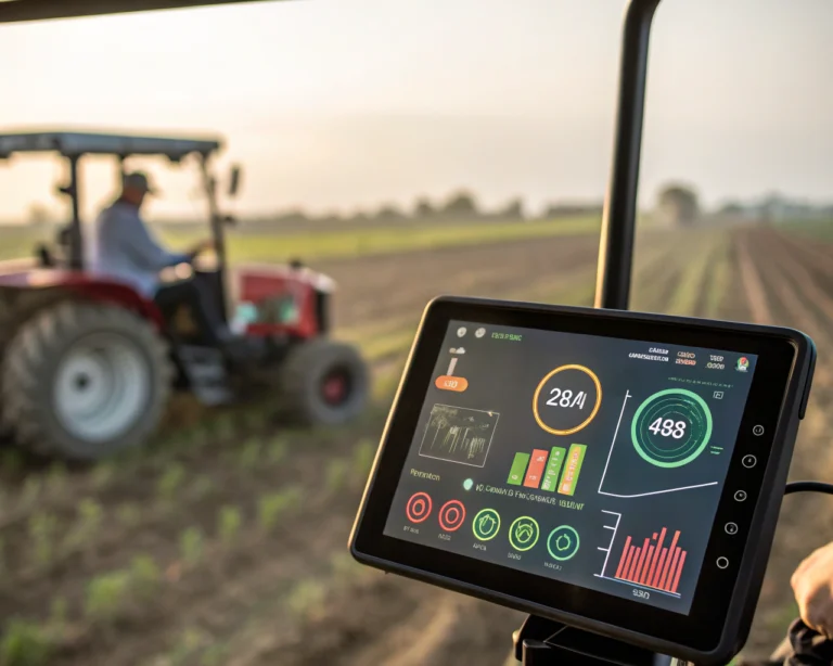 Interface de chatbot en una pantalla digital que muestra símbolos agrícolas y análisis de datos en tiempo real, con un campo desenfocado al fondo.