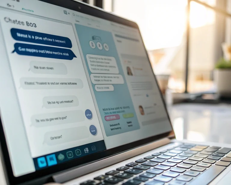 Primer plano de una interfaz de chatbot en una pantalla digital, mostrando un diseño moderno y eficiente con respuestas de inteligencia artificial en un entorno de trabajo digital.