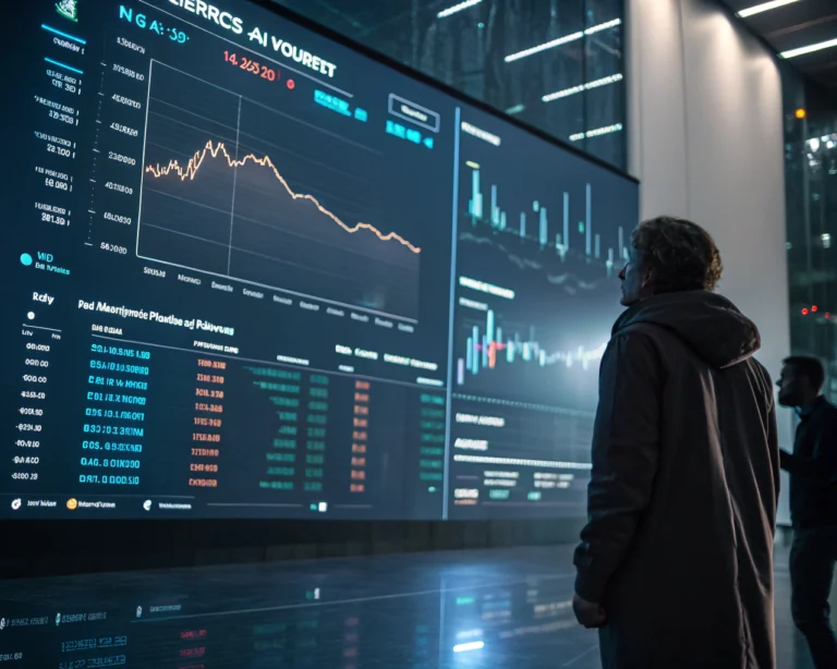 Interfaz de chatbot de inteligencia artificial mostrando datos de criptomonedas en una pantalla digital con gráficos y tendencias de mercado en un entorno financiero moderno.