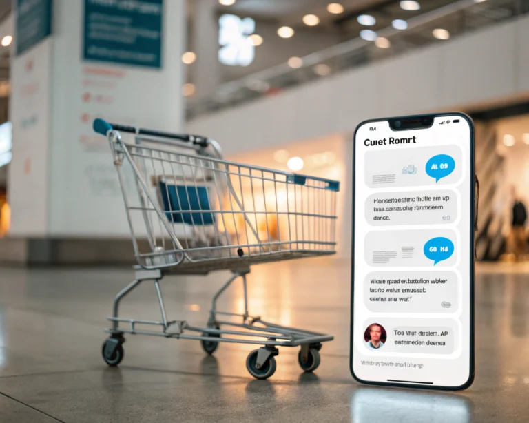 Interfaz de chatbot en una página de pago de ecommerce, destacando interactivos como burbuja de chat y mensajes de descuento, con una cesta de compras desenfocada al fondo.