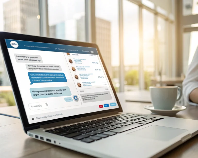 Interfaz de chatbot en pantalla de ordenador, con diálogos claros y respuestas automatizadas resaltadas, en un entorno de oficina iluminado de forma natural.