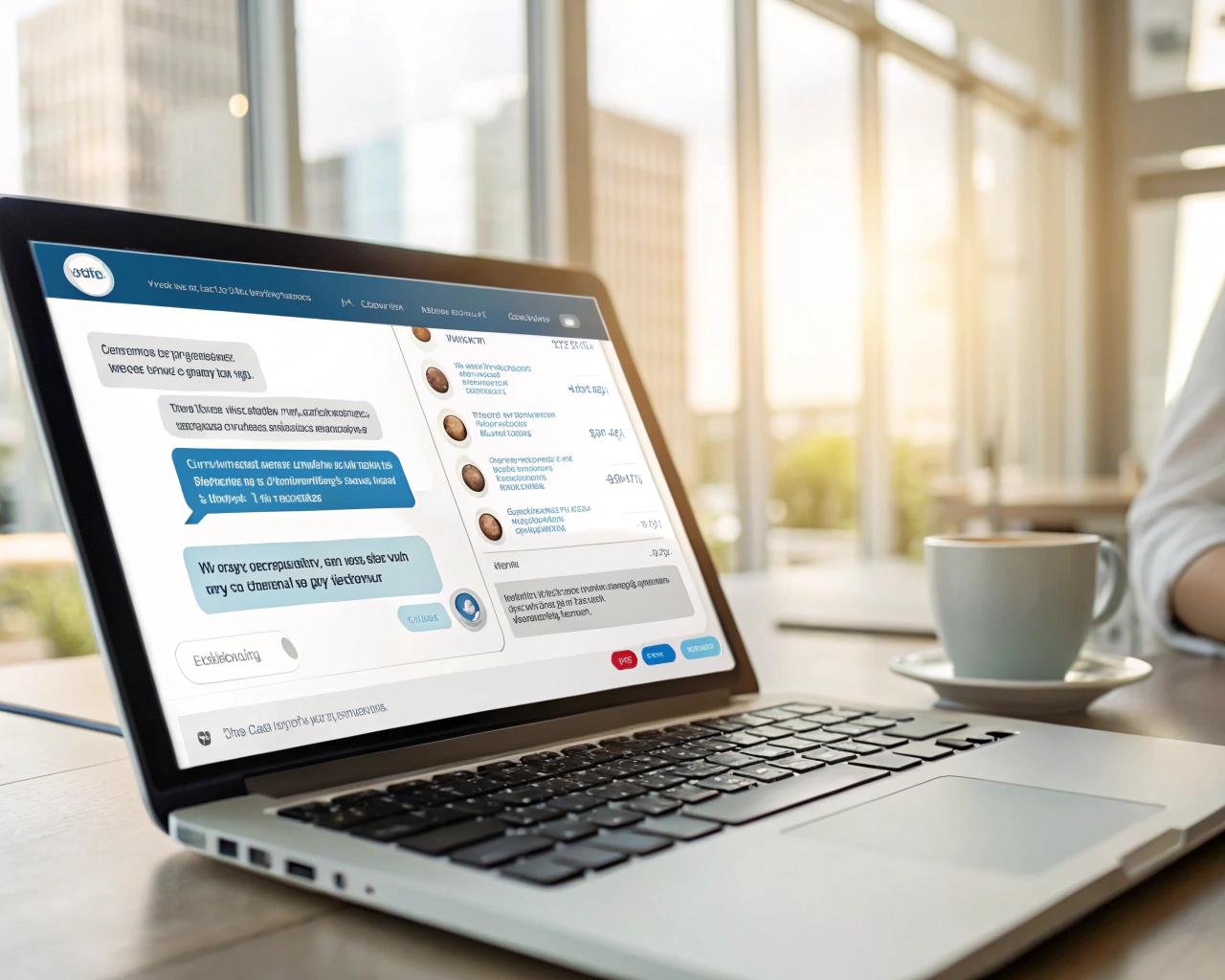 Interfaz de chatbot en pantalla de ordenador, con diálogos claros y respuestas automatizadas resaltadas, en un entorno de oficina iluminado de forma natural.