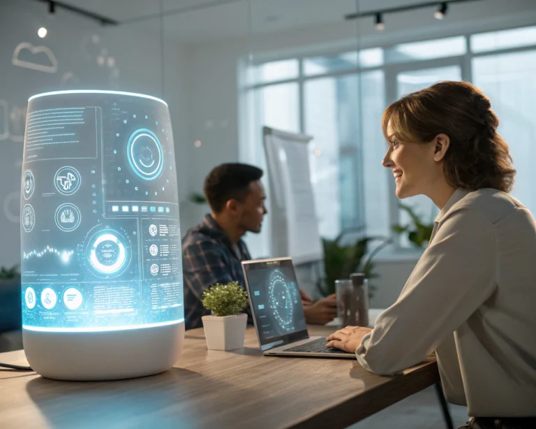 Interfaz holográfica de un asistente virtual en un espacio de trabajo moderno, iluminada suavemente, destacando elementos digitales intricados y un diseño elegante.