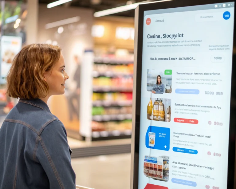 Interfaz de chatbot en una pantalla digital con opciones de compras en línea, fondo de comercio electrónico y colores vívidos que resaltan la interacción del usuario.