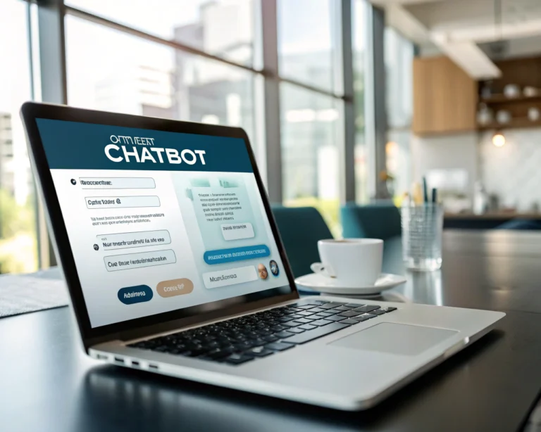 Interfaz de un chatbot adaptativo en la pantalla de un ordenador en un entorno de oficina moderno, con luz natural y ambiente acogedor. La pantalla destaca por su textura brillante y muestra globos de diálogo del chat.