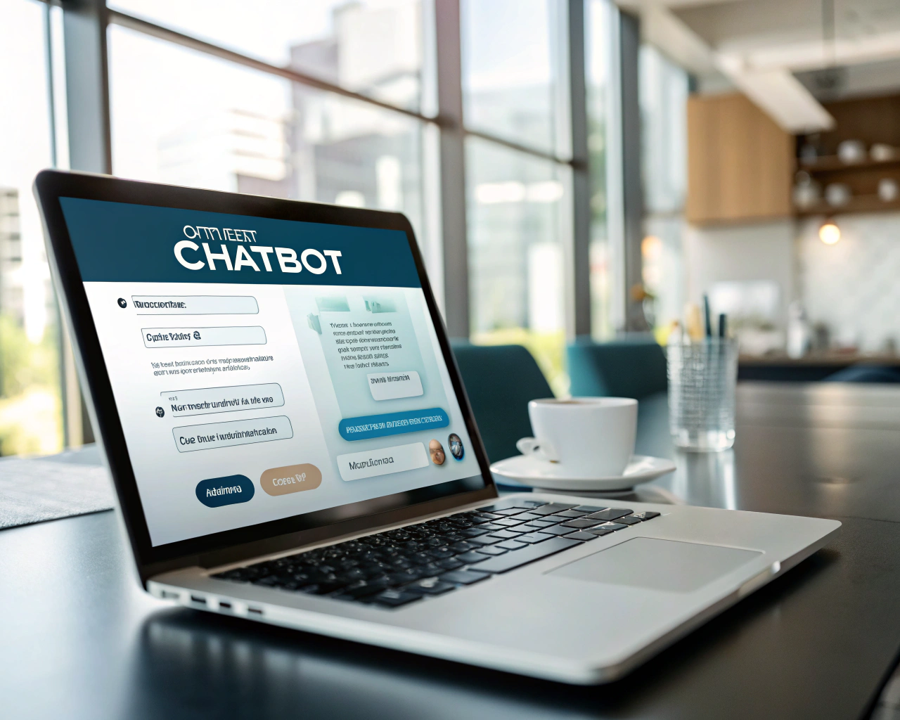 Interfaz de un chatbot adaptativo en la pantalla de un ordenador en un entorno de oficina moderno, con luz natural y ambiente acogedor. La pantalla destaca por su textura brillante y muestra globos de diálogo del chat.