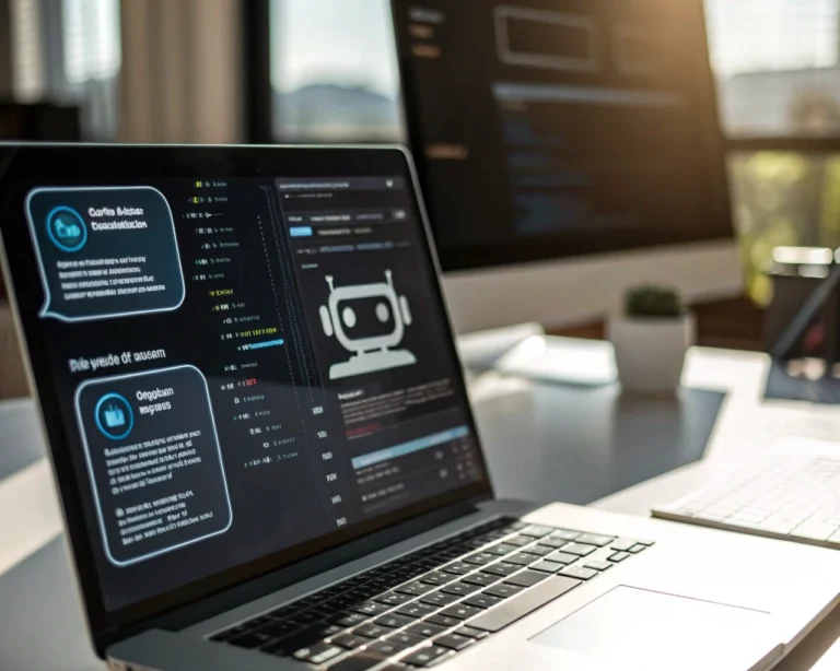 Interfaz de chatbot futurista en una pantalla digital en un entorno de oficina moderna, con diálogo interactivo y análisis de datos.