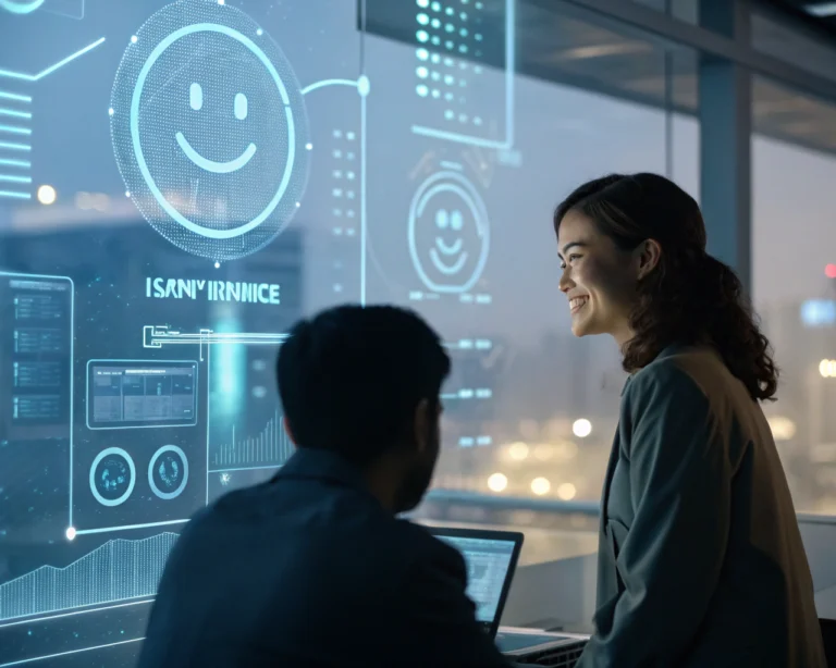 Interfaz de chatbot futurista en una pantalla digital en un entorno de servicio al cliente moderno, con elementos holográficos que representan un análisis emocional en un ambiente de alta tecnología.