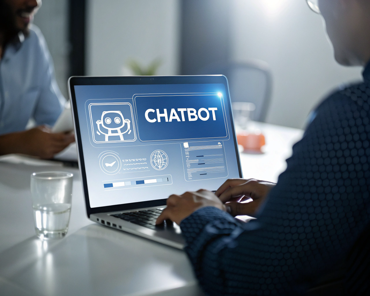 Interfaz de chatbot en un dispositivo digital moderno, destacando la conversación interactiva en un entorno minimalista y profesional con iluminación ambiental.
