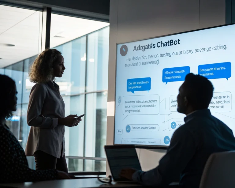 Interfaz de un chatbot adaptativo en un entorno de oficina, mostrando burbujas de conversación interactivas en una pantalla digital moderna, iluminada con un suave resplandor.
