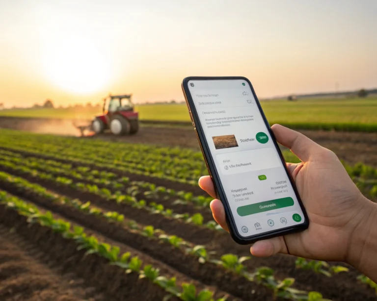 Interfaz de un chatbot agrícola en un smartphone con un campo al amanecer desenfocado detrás.