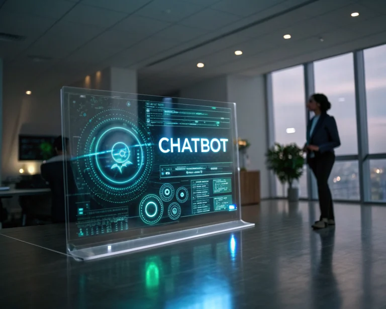 Interfaz de chatbot futurista en una pantalla transparente en un entorno de oficina moderno y minimalista, con texto brillante en colores azul y verde.