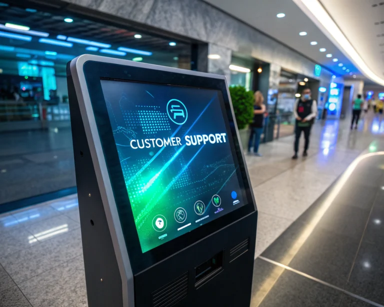 Interfaz de chatbot futurista en un terminal de soporte. Presenta colores azules y verdes, con un diseño moderno y simétrico.