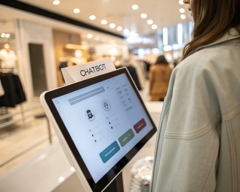Interfaz de chatbot en un digital screen que muestra sugerencias de venta adicional en un ambiente de comercio electrónico moderno.