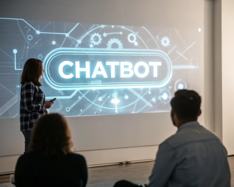 Chatbot holográfico mostrando respuestas en tiempo real en un entorno digital moderno y minimalista